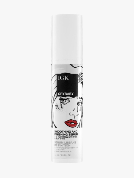 IGK CryBaby Smoothing & Finishing Serum in branded component on a light gray background