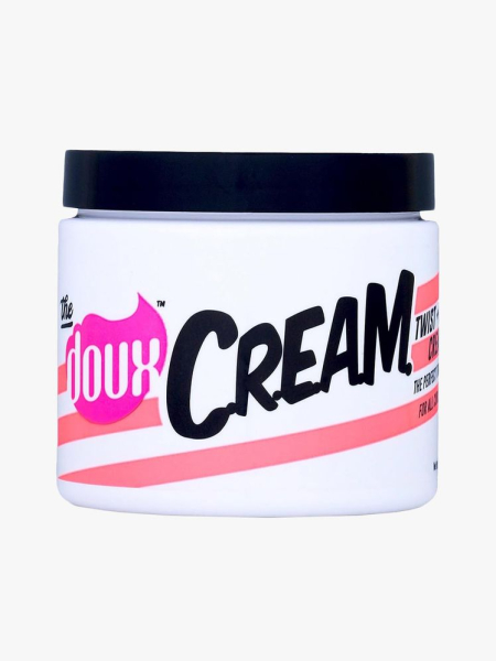 The Doux C.R.E.A.M. Twist & Curl Cream in branded tub component on a light gray background